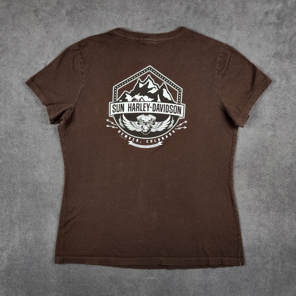 Harley Davidson Shirt Womens Medium Brown V-Neck Graphic Tee Denver Colorado
